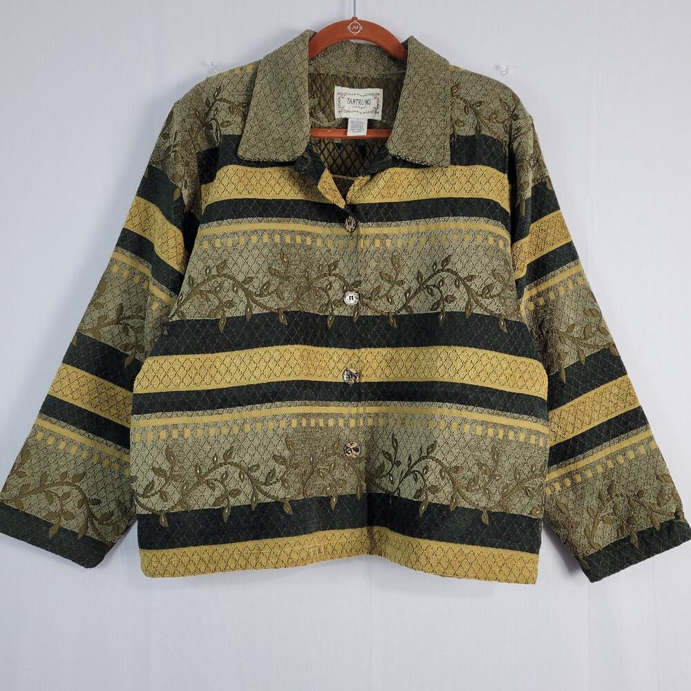 Vintage Tantrums Striped Tapestry Jacket sz L Earthy Green Beaded Leaves Artsy